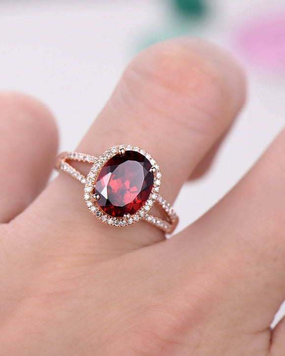 4Ct Oval Cut Red Garnet Split Shank Halo Engagement Ring 14K Rose Gold Finish