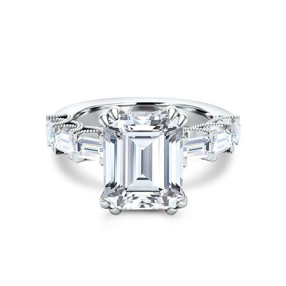 Solitaire with Accent Milgrain Ring 2ct Emerald Cut Diamond 14k WhiteGold Finish