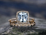 3Ct Cushion Cut Blue Aquamarine Bridal Set Engagement Ring 18K Yellow Gold Over