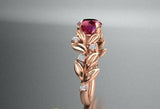 1ct Round Pink Ruby Engagement Ring Flower Leaf Rose Solitaire 14k RoseGold Over