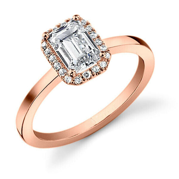 1.5ct Emerald Cut Diamond Round Accents Halo Solitaire Ring 14k Rose Gold Finish