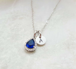 1ct Pear Cut Blue Sapphire Diamond Custom Alphabet Pendant 14k White Gold Finish