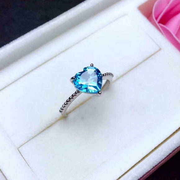 1ct Engagement Ring Heart Blue Topaz Beaded Ball Solitaire 14k White Gold Finish