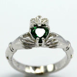 1ct Heart Cut Green Emerald Engagement Ring Claddagh Irish 14k White Gold Finish