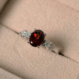 2ct Oval Cut Red Garnet Heart Shape Diamond Accents Ring 14k White Gold Finish