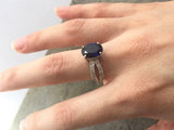 1.6ct Engagement Ring Oval Cut Blue Sapphire Split Shank 14k White Gold Finish