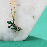 1ct Round Cut Green Emerald Gecko Lizard Pendant with Chain 14k Yellow Gold Over