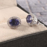 2.4ct Stud Earrings Oval Cut Blue Tanzanite Diamond Halo 14k White Gold Finish