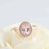 2ct Oval Cut Morganite Engagement Ring Diamond Halo Twist Rope 14k RoseGold Over