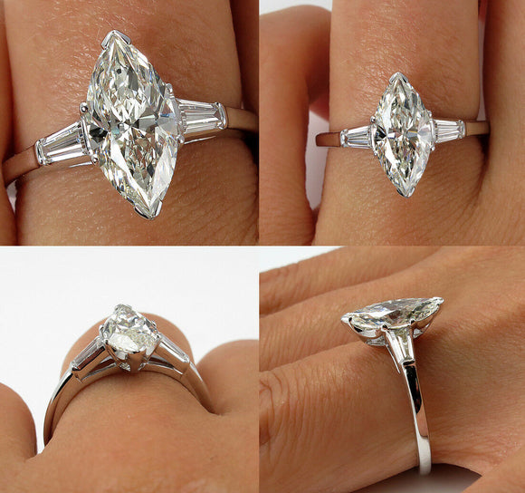 2Ct Marquise Diamond Trilogy Engagement Ring 14K White Gold Over Baguette Accent