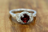 2ct Round Cut Red Garnet Engagement Ring Diamond Floral Halo 14k White Gold Over