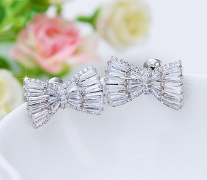 3Ct Baguette Cut Diamond Bow Tie Knot Cluster Stud Earrings 14K White Gold Over