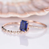 1.3ct Emerald Cut Blue Sapphire Bridal Set Engagement Ring 14k Rose Gold Finish