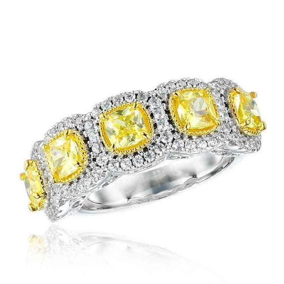 5Ct Cushion Cut Yellow Sapphire Diamond Halo Engagement Ring 14K White Gold Over