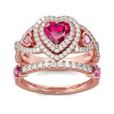 4Ct Heart Cut Pink Ruby Diamond Bridal Set Dual Halo Ring 14K Rose Gold Finish