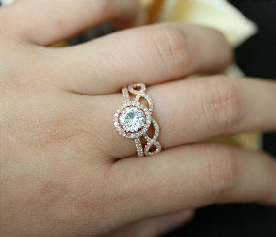 5Ct Round Cut Diamond Bridal Set Halo Ring Infinity Band 14K Rose Gold Finish