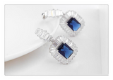 5Ct Radiant Cut Blue Sapphire Halo Cocktail Drop Earrings 14K White Gold Finish