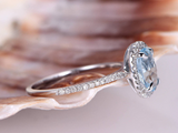 2.4ct Oval Cut Blue Aquamarine Halo Ring 14k White Gold Finish with Round Accent