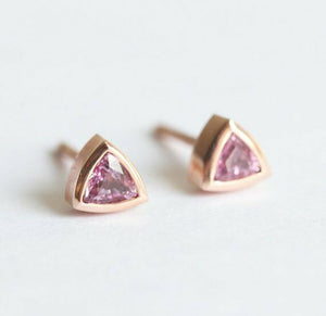 2ct Trillion Cut Pink Sapphire Bezel Solitaire Stud Earrings 14k RoseGold Finish