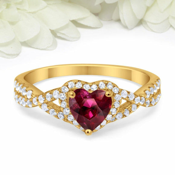 3.5Ct Heart Cut Pink Ruby Split Band Halo Engagement Ring 14K Yellow Gold Finish