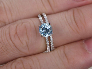 2Ct Round Cut Blue Aquamarine Diamond Bridal Set Ring Band 14K White Gold Finish