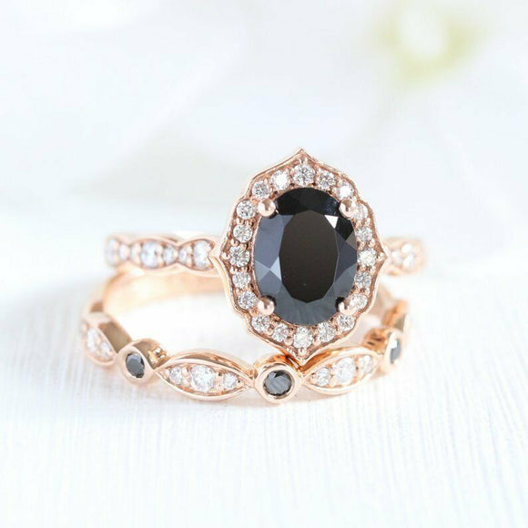 2.2ct Oval Cut Black Diamond Vintage Floral Bridal Set Ring 14k Rose Gold Finish