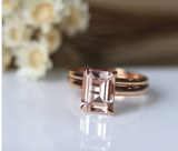 1ct Emerald Cut Peach Morganite Engagement Ring 14k Rose Gold Finish Bridal Set