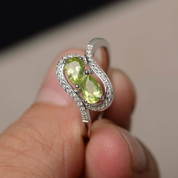 2ct Pear Cut Green Peridot Swirl Unique Engagement Ring 14k White Gold Finish