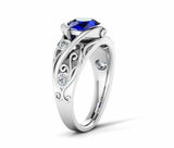 2ct Round Blue Sapphire Leaf Vine Solitaire Round Accent Ring 14k WhiteGold Over