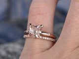 2ct Princess Cut Peach Morganite Engagement Ring 14k Rose Gold Finish Bridal Set