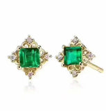 2ct Princess Green Emerald Filigree Rhombus Stud Earrings 14k Yellow Gold Finish