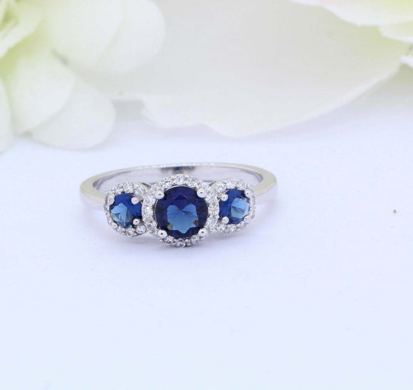 2ct Round Cut Blue Sapphire Engagement Ring Halo Trilogy 14k White Gold Finish