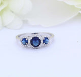 2ct Round Cut Blue Sapphire Engagement Ring Halo Trilogy 14k White Gold Finish