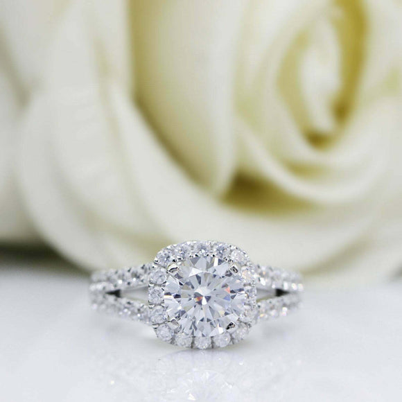 2.3ct Round Cut Diamond Engagement Ring Halo Split Shank 14k White Gold Finish