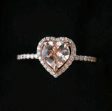 1.5ct Heart Cut Peach Morganite Engagement Ring 14k RoseGold Over Halo Solitaire