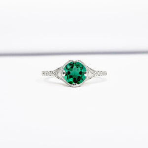 0.35ct Round Cut Green Emerald Solitaire Round Accent Ring 14k White Gold Finish