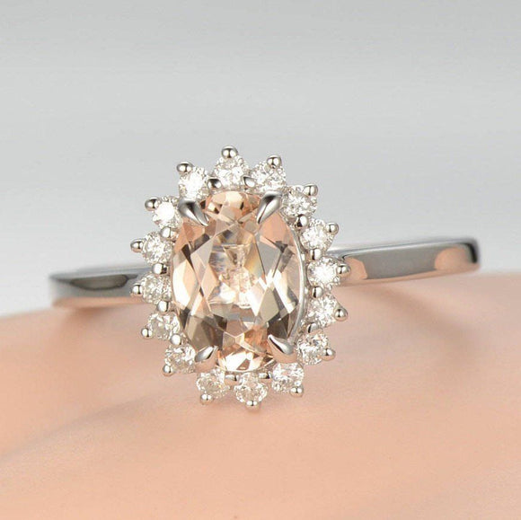 1ct Oval Cut Peach Morganite Flower Design Engagement Ring 14k White Gold Finish