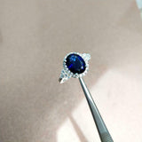 2ct Engagement Ring Oval Cut Blue Sapphire Round Accent Halo 14k White Gold Over