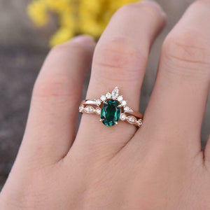 2ct Oval Cut Emerald Engagement Ring Bridal Set Crown Band 14k Rose Gold Finish