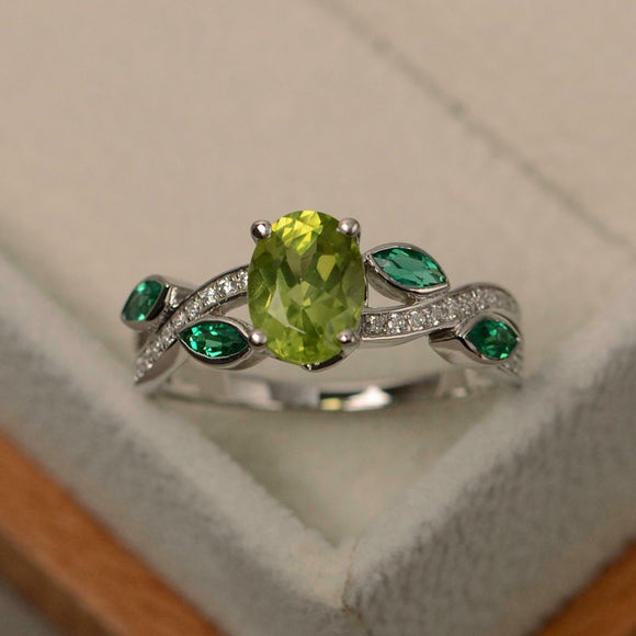 2ct Oval Green Peridot Diamond Leaf Accents Engagement Ring 14k WhiteGold Finish