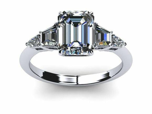 2ct Emerald Cut Diamond 5 Stone Solitaire Engagement Ring 14k White Gold Finish