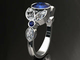 3ct Round Blue Sapphire Engagement Ring Leaf Marquise Accent 14k White Gold Over