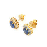 1.75ct Stud Earrings Oval Cut Blue Sapphire Floral Halo 14k Yellow Gold Finish