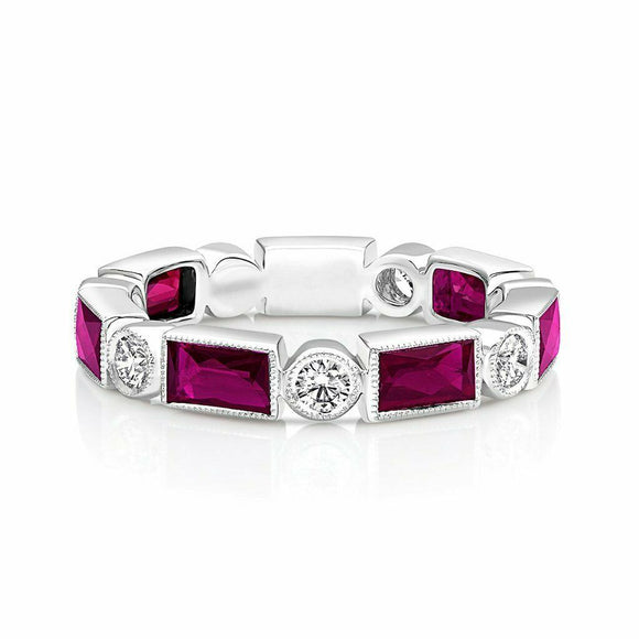 3Ct Baguette Cut Pink Ruby Diamond Eternity Wedding Band 14K White Gold Finish