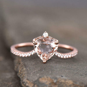 1ct Engagement Ring Heart Cut Peach Morganite Curved 14k Rose Gold Finish