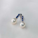 1.2ct Baguette Cut Blue Sapphire Pearl Dainty Stud Earrings 14k WhiteGold Finish