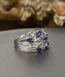 2ct Marquise Cut Blue Sapphire Leaf Cluster Wide Open Ring 14k White Gold Finish