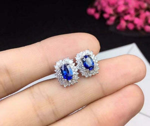 2.7ct Stud Earrings Oval Cut Sapphire Ballerina Cocktail Halo 14k WhiteGold Over