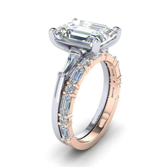 4.9ct Emerald Cut VVS1D Diamond Engagement Ring Bridal Set 14k Dual Gold Finish