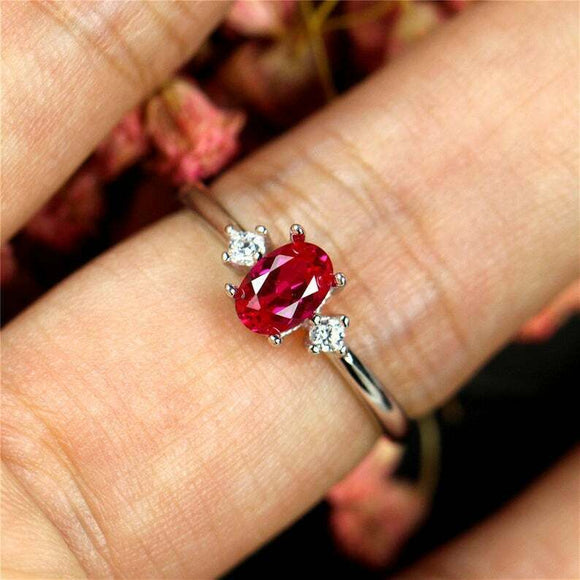 1ct Oval Cut Pink Ruby Engagement Ring Minimalist Trilogy 14k White Gold Finish